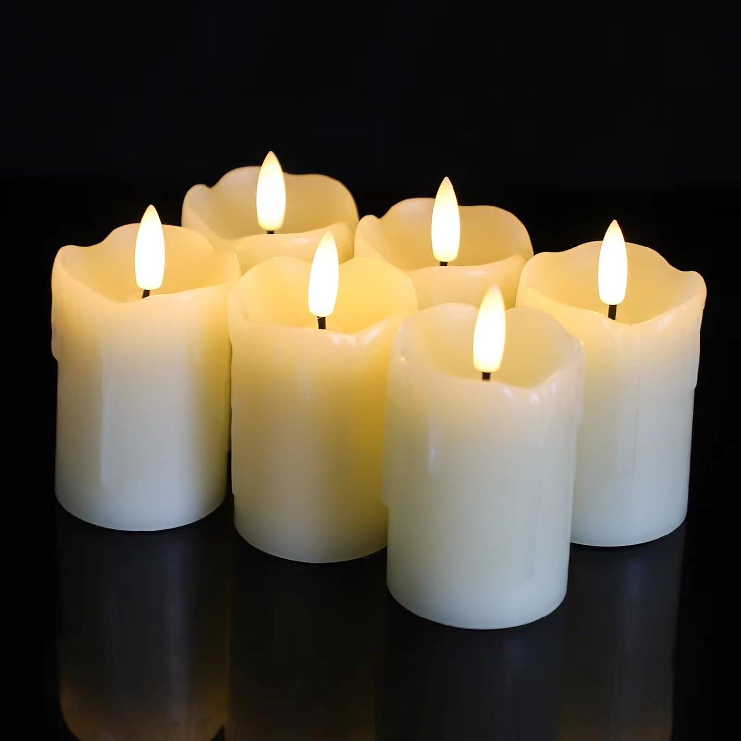 Lezonic Flameless Votive Candles Battery Operated with Remote and Timer, Pack of 6 (D:2″ X H:3″) LED Ivory White Long Lasting Flickering Wax Candles with Realistic 3D Flame