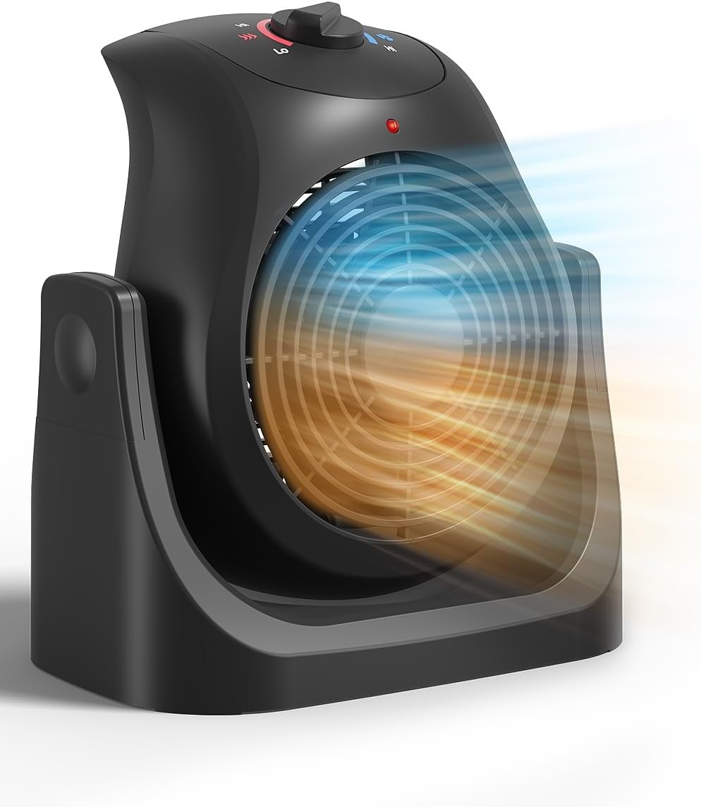 2 in 1 Heater Fan Combo, Portable Space Heater Cooling Desk Fan, Air Circulator Fan 45° Tilt, 2 Wind Speeds, 1500W Overheat Protection Personal Small for Home Office Black