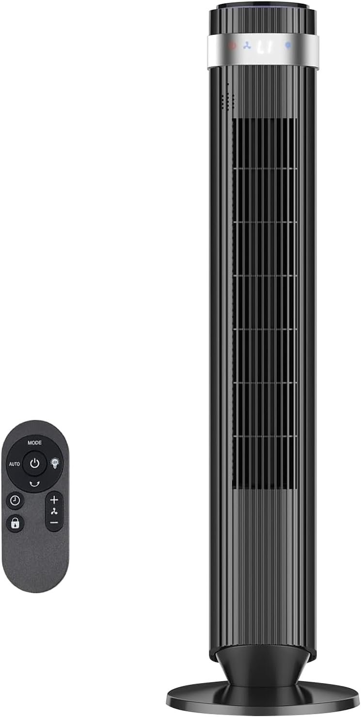 Tower Fan for Bedroom, 28dB Quiet Bladeless Oscillating Standing Fan with Remote, 5 Speeds & 4 Modes, 12H Timer, LED Display, 22.3ft/s High Velocity Cooling Floor Fan for Home, Office (Black)