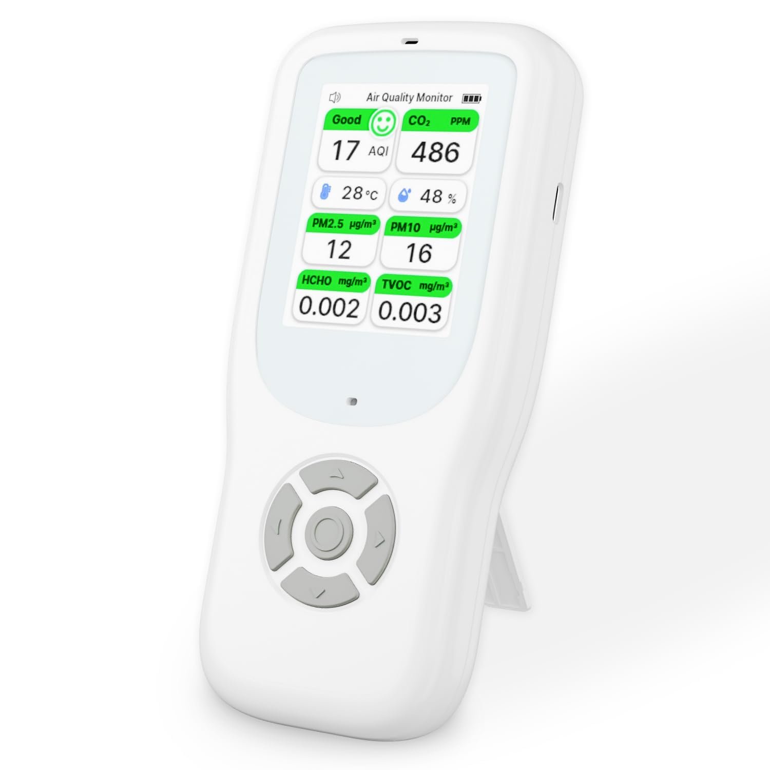 11-in-1 Air Quality Monitor – Portable Indoor Air Quality Detector with Stand, Real-Time Test for AQI, CO2, PM2.5, PM1.0, PM10, TVOC, HCHO, Particles, Humidity & Temperature