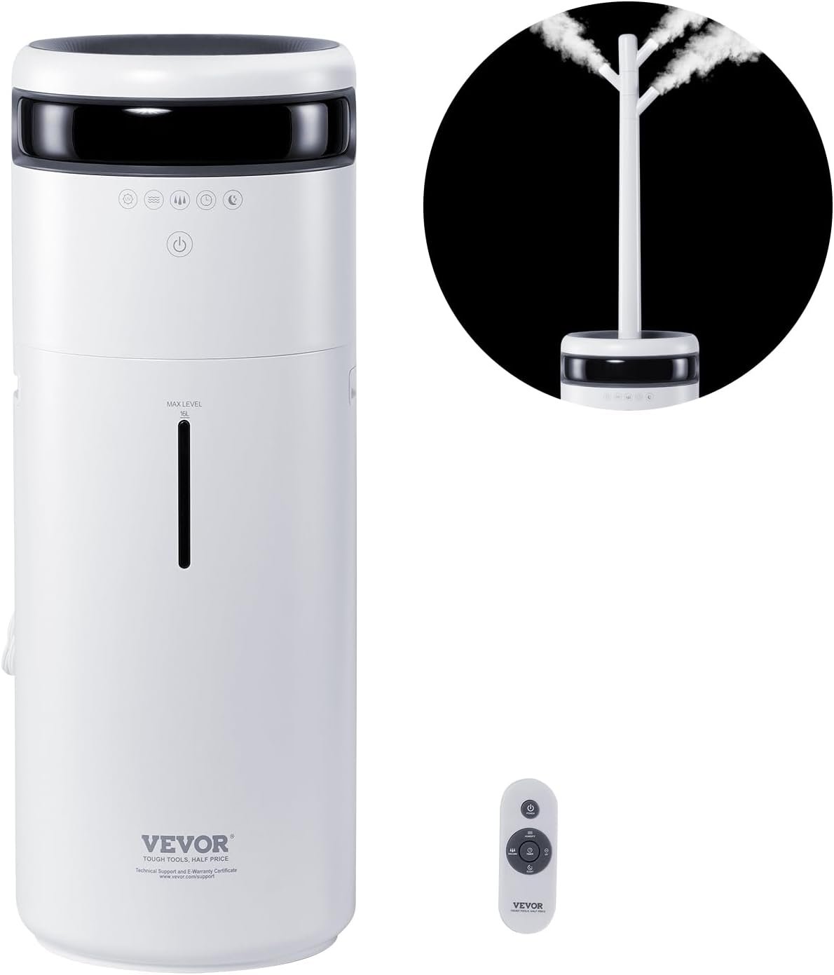 VEVOR Humidifier for Home Large Room 1291.7 sq ft, 16L Commercial Humidifier for Whole House Greenhouse Night Light & 12h Timer & Auto Shut-Off Humidifiers, Commercial Branch Tube w/ 360° Nozzle