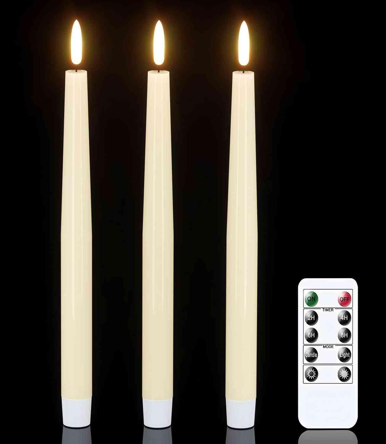 GenSwin Flameless Taper Candles with Remote Timer, Real Wax LED Flickering Candlesticks Battery Operated 3D Wick for Wedding, Party, Home(Ivory, 9.84″, Set of 3)