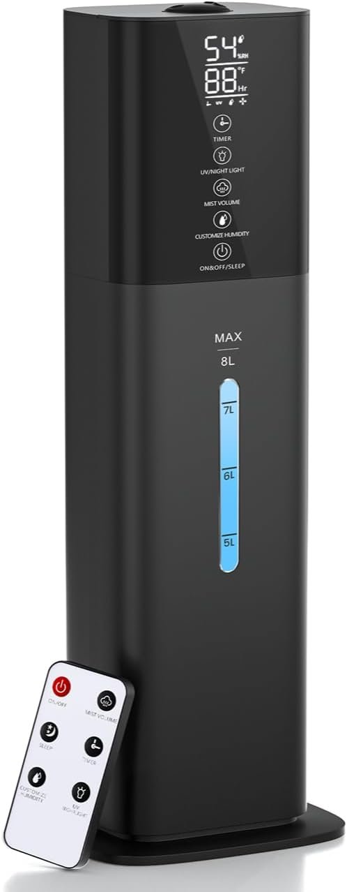 2.1Gal(8L) Humidifiers Large Room Bedroom Up to 550ft² Coverage, Quiet Ultrasonic Cool Mist Humidifier with Night Light, 3 Speeds, Adjustable Humidity, 12H Timer, Aroma Tray for Home Plants Baby
