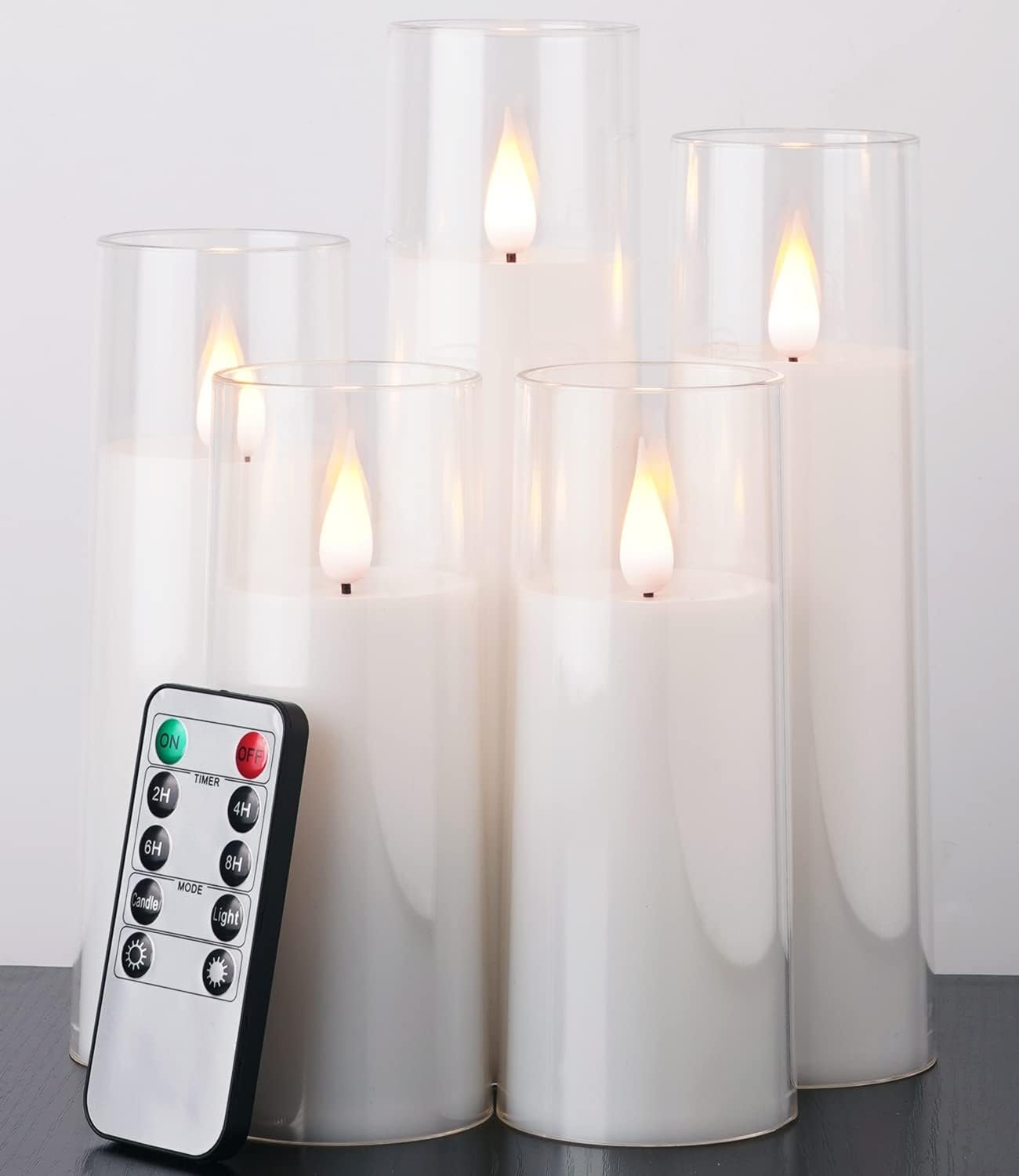 Amagic Pure White Flameless Candles, Battery Operated Candles, Acrylic Flickering LED Pillar Candles with Remote Control and Timer, 3D Wick, Yellow and Blue Glow, D2.2 xH5 5″ 6″ 7″ 8″, Set of 5