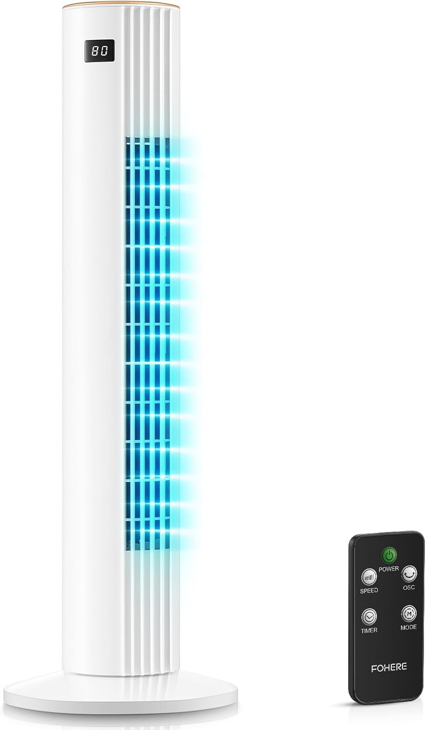 Tower Fan for Bedroom, Quiet Oscillating Floor Fans with 70°, Remote Control, 3 Modes, 3 Speeds, 12H Timer, 30″ Bladeless Standing Fan for Home, Office, Living Room, White