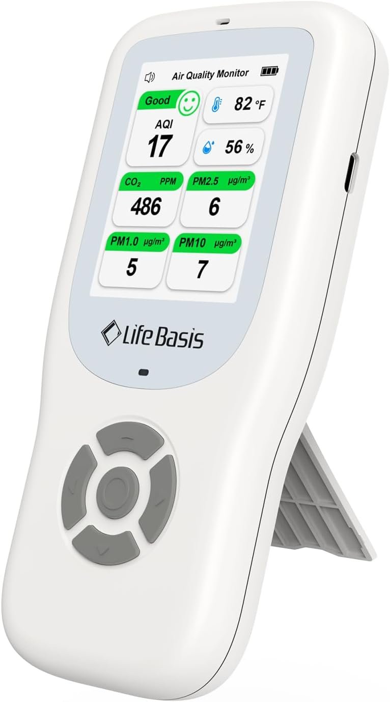 LifeBasis Air Quality Monitor Indoor, 11-in-1 Air Quality Detector with Stand, Air Meter Test AQI, PM1.0, PM2.5, PM10, CO2, TVOC, HCHO, Particles, Temperature and Humidity with Alert