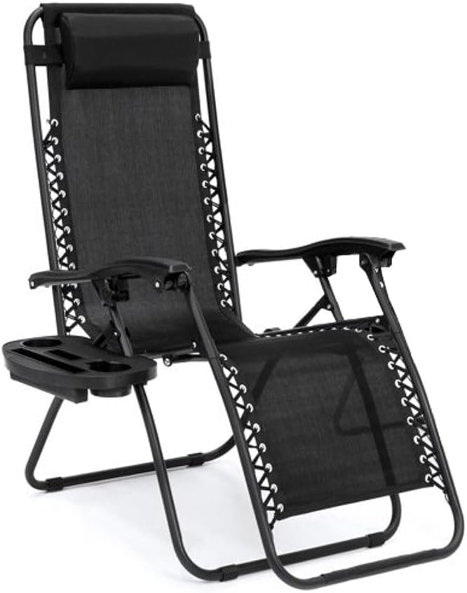 EZONE (1-Chair) Zero Gravity Lounge Chair Outdoor Adjustable Reclining Patio Chair Steel Mesh Folding Recliner for Pool Beach Camping Lounge Chair with Pillow and Cup Tray (1, Black)