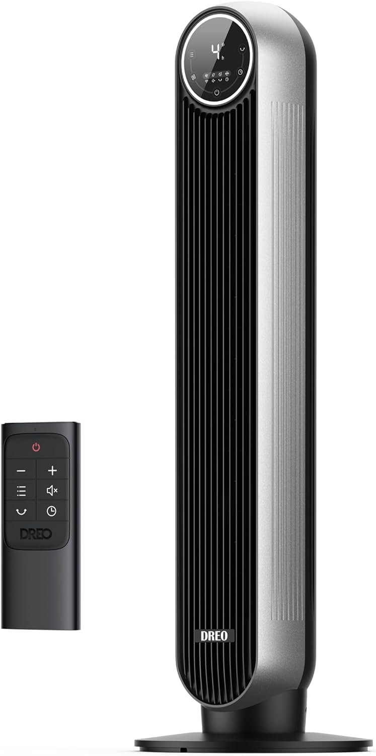 DREO Bladeless Tower Fan – 25ft/s, 4 Speeds, 4 Modes, 90° Oscillation, 8H Timer, Ultra Quiet for Bedroom, Indoors, Silver (Tower Fan 307)