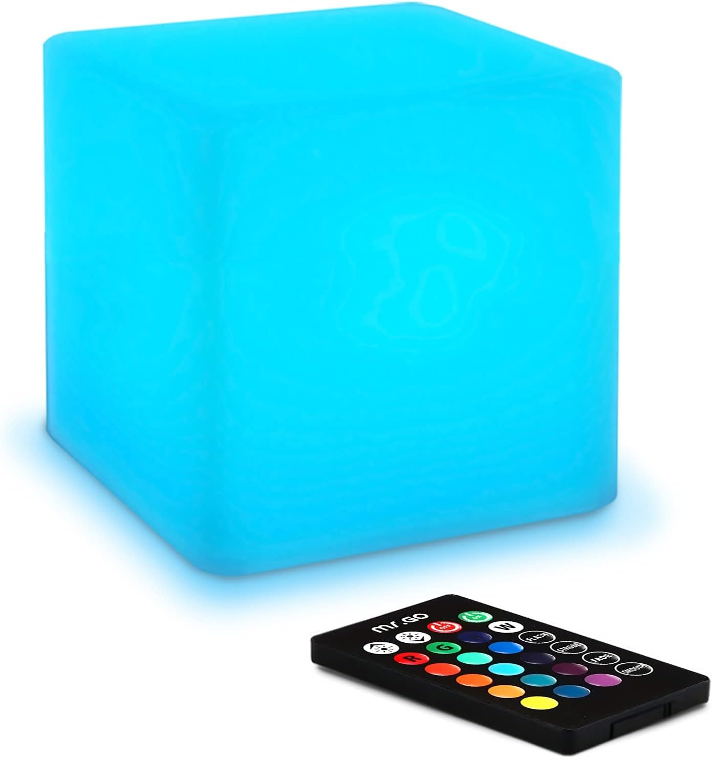 Mr.Go 4-inch Dimmable LED Night Light Mood Lamp for Kids and Adults – 16 RGB Colors – 8 Level Dimming – 4 Lighting Effect – Rechargeable – Remote Control – Decorative, Fun & Safe – White Finish Cube