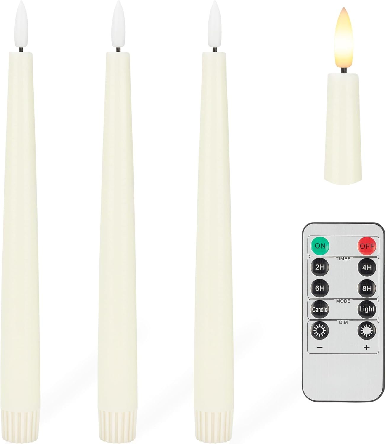 Flameless Taper Candles with 3D Wick, 9.6″ Real Wax LED Candles with Remote and Timer, 3 Pack Flickering Candlesticks Battery Operated, Classic Tall Taper Candles for Home, Wedding, Party, Ivory