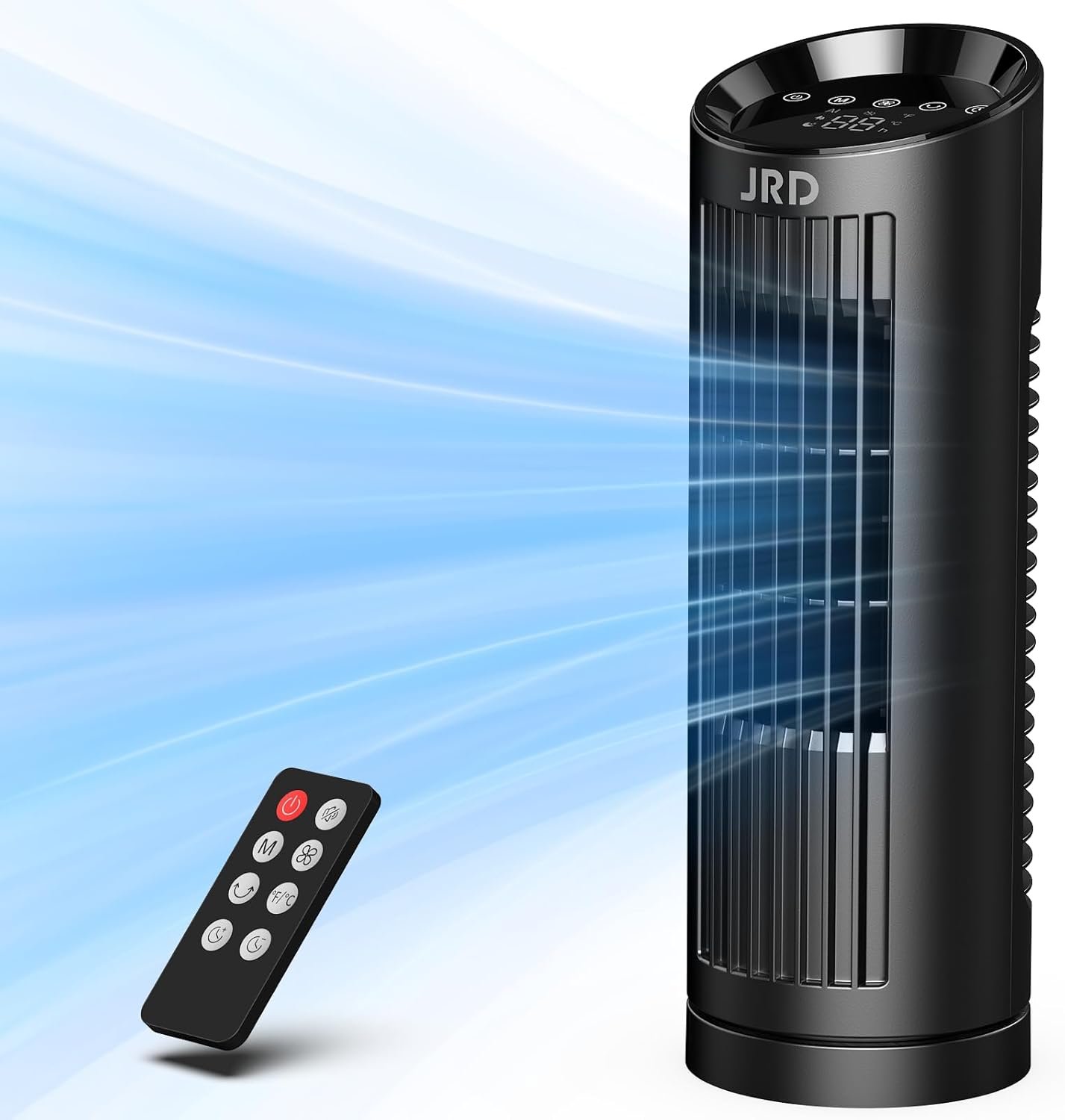 JRD 13” Tower Fan for Bedroom, Quiet Cooling Desk Fan with Remote, 80° Oscillating, 3 Speed, 4 Mode, 12h Timer, Digital Touch Screen, Portable, Safe Bladeless Table Fan for Home Desktop Office