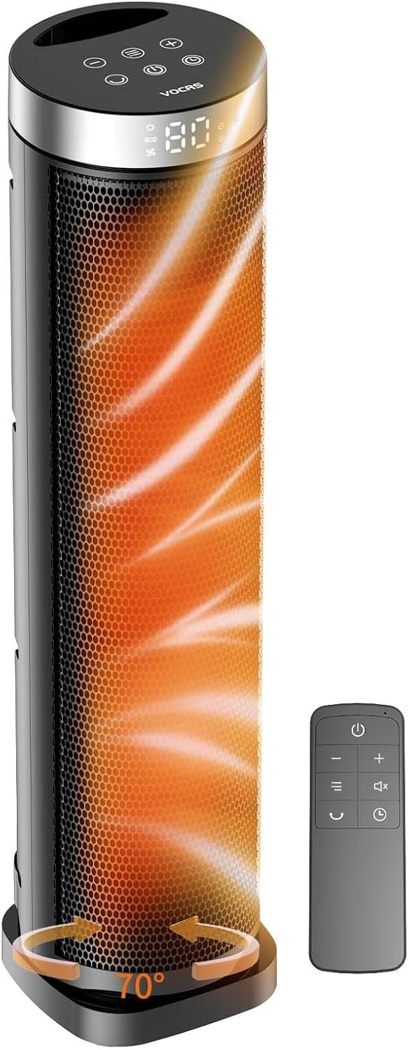 Space Heater for Indoor Use with Remote – 70° Oscillating Tower Electric Heater, 24 Inchs, 12H Timer, 1500W Quiet PTC Ceramic Heating with Thermostat, Fast Safety Heat for Office, Home, Bedroom