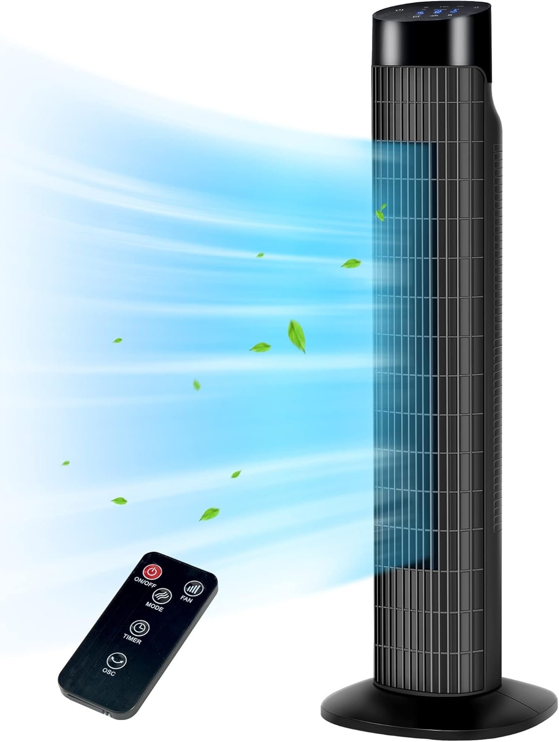 Uthfy Tower Fan for Bedroom, 120° Oscillating Standing Fan with Quiet Sleep Mode, 3 Speeds & 3 Modes, 7.5H Timer, Remote/Touch Control, Bladeless Floor Fans for Living Room, Office, Black