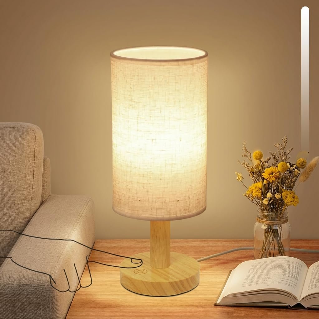 Touch Bedside Table Lamp – Stepless Dimming USB Powered, Minimalist Wood Base Linen Shade, 2700K Warm Light for Bedroom Nightstand Nursery Dorm Small Spaces, 5W LED 50K Hrs (No Bulb Replacement)