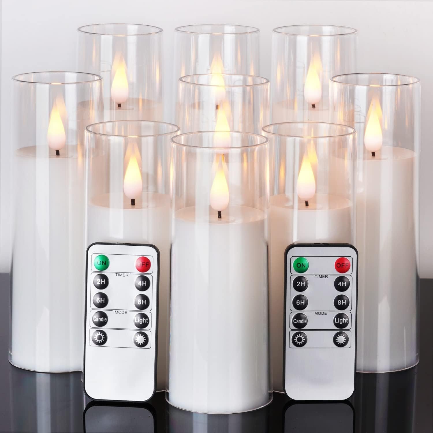 Amagic Magic Pure White Flameless Candles, Battery Operated Candles, Acrylic Flickering LED Pillar Candles with Remote Control and Timer, 3D Wick, Yellow and Blue Glow, D2.2 xH5.5 6.5″ 7.5″, Set of 9