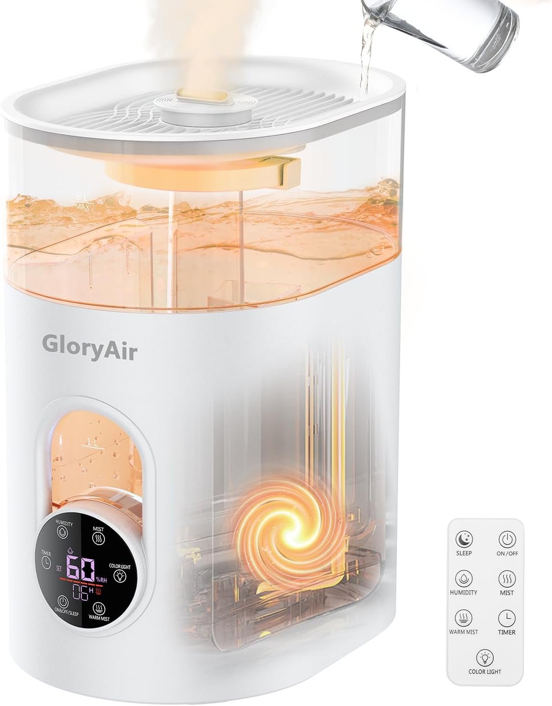 Humidifiers for Bedroom Large Room Home – GloryAir 6L Quiet Top Fill Cool & Warm Mist Humidifier with Smart Humidity Control, Remote Control, 7-Color Light, Humidistat, Oil Diffuser