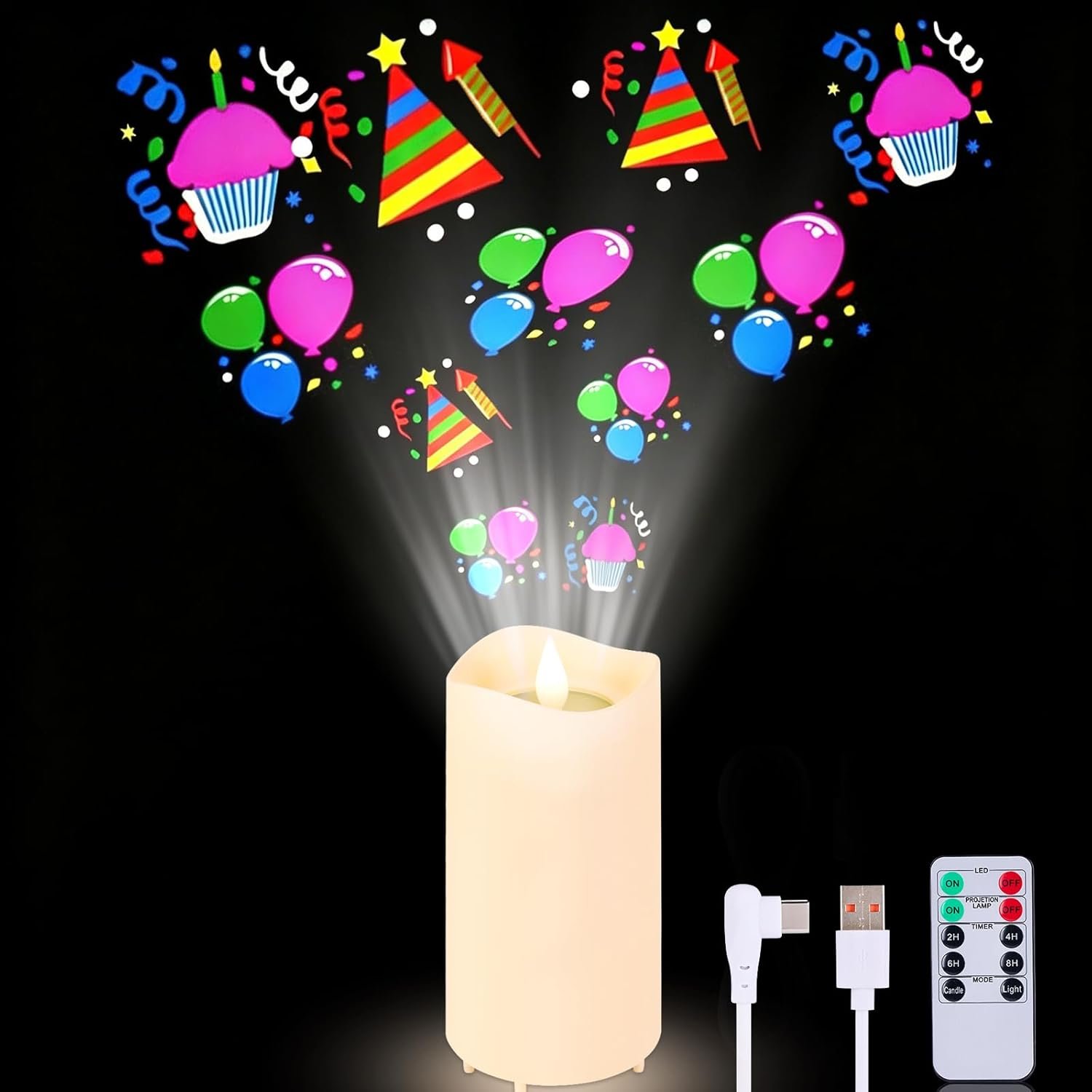 IMAGE Flameless Candles Light, Night Light with Projector, Battery/USB-C LED Candle Indoor Light Gift for Christmas Halloween Birthday Wedding Easter Home Decor, 6 Slides, Remote & Timer
