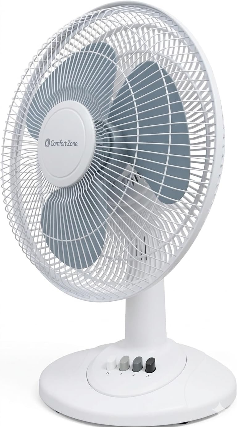 Comfort Zone 12 inch Table Fan with Adjustable Tilt, Wide Area Oscillation, Quiet Air Circulator Fan For Bedroom, 3 Speed Desktop Fan for Home Office, Push Button Controls, White