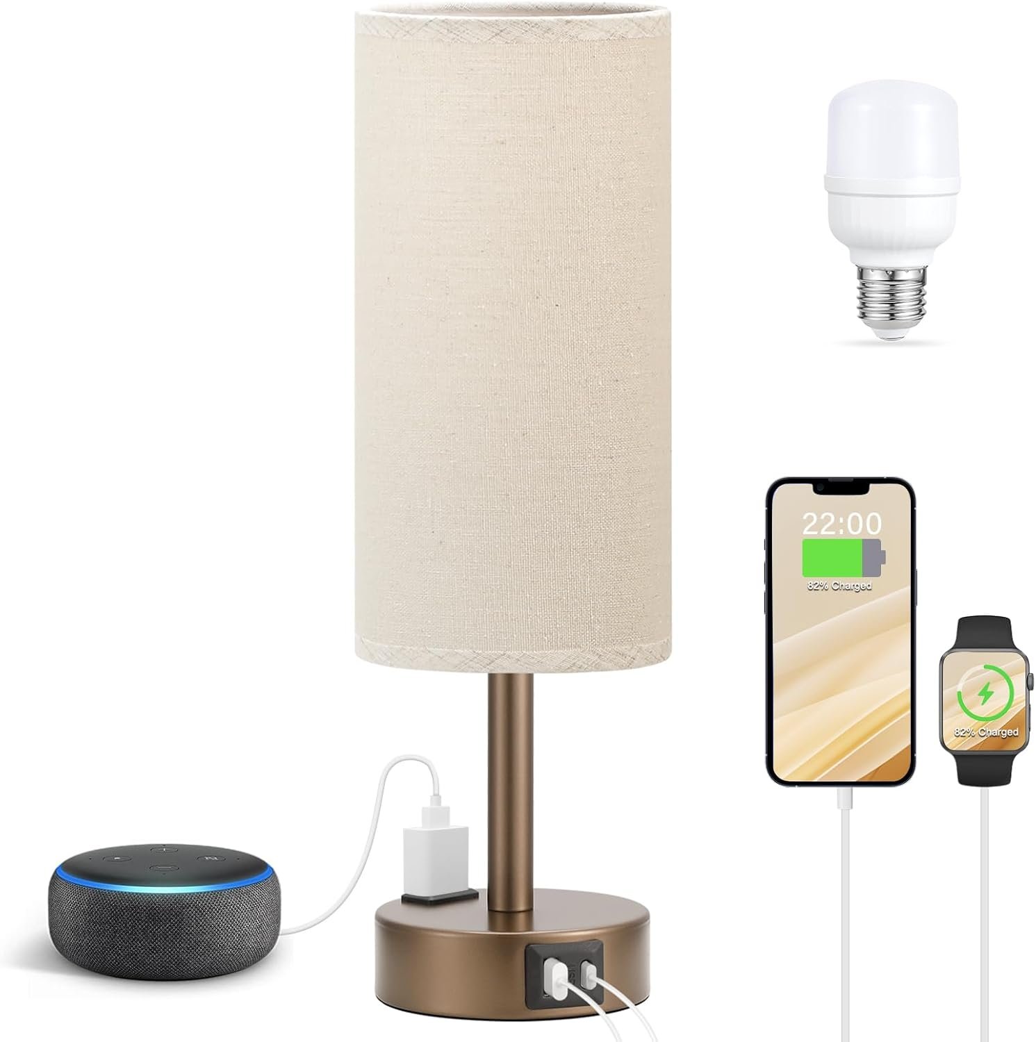 Fenmzee Brown Bedside Table Lamp for Bedroom – 3 Way Dimmable Touch Lamp USB C Charging Ports and AC Outlet, Small Lamp Round Flaxen Fabric Shade for Living Room, Desk, LED Bulb Included