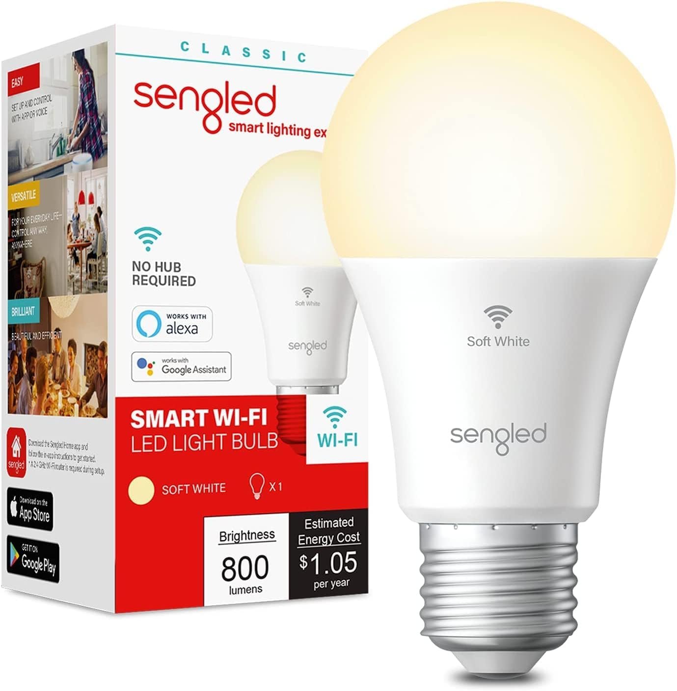 Sengled Smart Bulb, WiFi Light Bulbs, Dimmable Alexa Light Bulb, Smart Light Bulbs that Work with Alexa & Google Home, A19 Soft White (2700K) No Hub Required, 800LM 60W Equivalent High CRI>90, 1 Pack