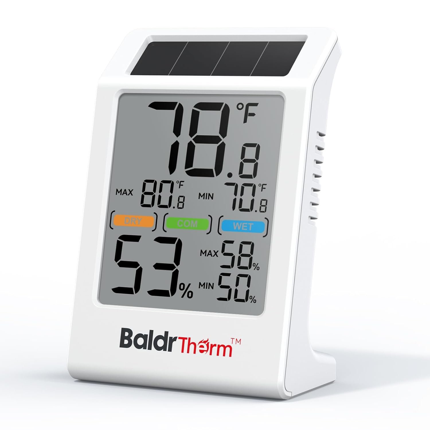 BaldrTherm Room Thermometer Indoor Humidity Meter Solar Powered with Max/Min Memory & Comfort Indicator – 3.2″ Large Display for Home, White, 1Pack