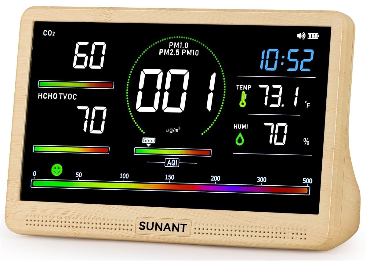 16-in-1 Air Quality Monitor Indoor, 7′ Smart Large Display 9 AQI+7 Alarm Alerts, Real Time CO2, Formaldehyde, TVOC, PM2.5, PM10, Temperature & Humidity Portable Battery Powered Tester for Home, Office