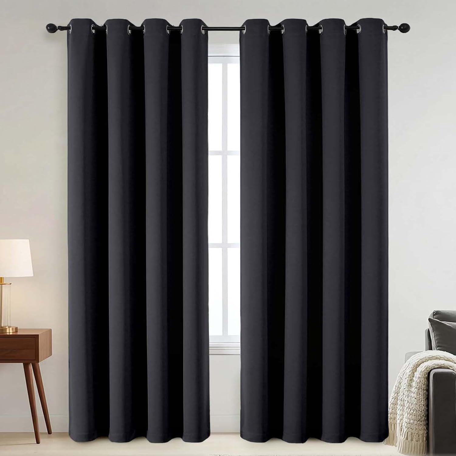 100% Blackout Curtains – Solid Thermal Insulated Thick Fabric Black Blackout Curtains for Bedroom, Grommet Soundproof Window Drapes, 2 Panels, 2x52Wx84L Inches