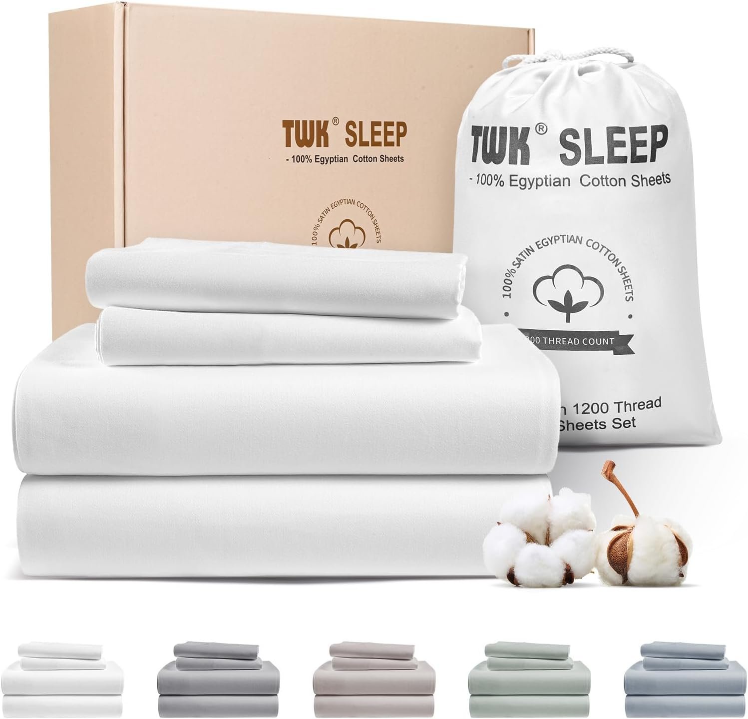 TWK 1200 TC 100% Egyptian Long-Staple Cotton Bedding Sheets Set, Luxury Hotel Style Deep Pocket with Elastic Reinforced Seams Sheet Set, Soft & Comfy Natural Sheets(White King)