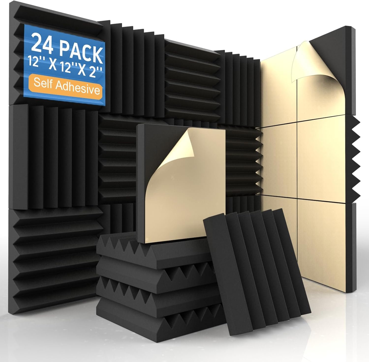 24 Pack Self-Adhesive Acoustic Foam Panels, 12 x 12 x 2 Inches High Density Wedge Sound Proof Foam Panels for Walls, Fire Resistant Soundproof Wall Panels for Home Office & Studio (Black)