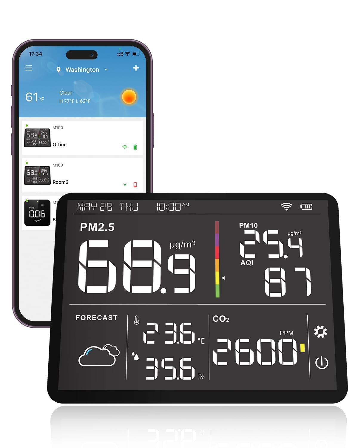 Temtop Air Quality Monitor Indoor PM2.5 CO2 Detector, 8-in-1 Smart Air Quality Weather Station with PM2.5 PM10 CO2 Temperature Humidity Sensor Weather Forecast for Home