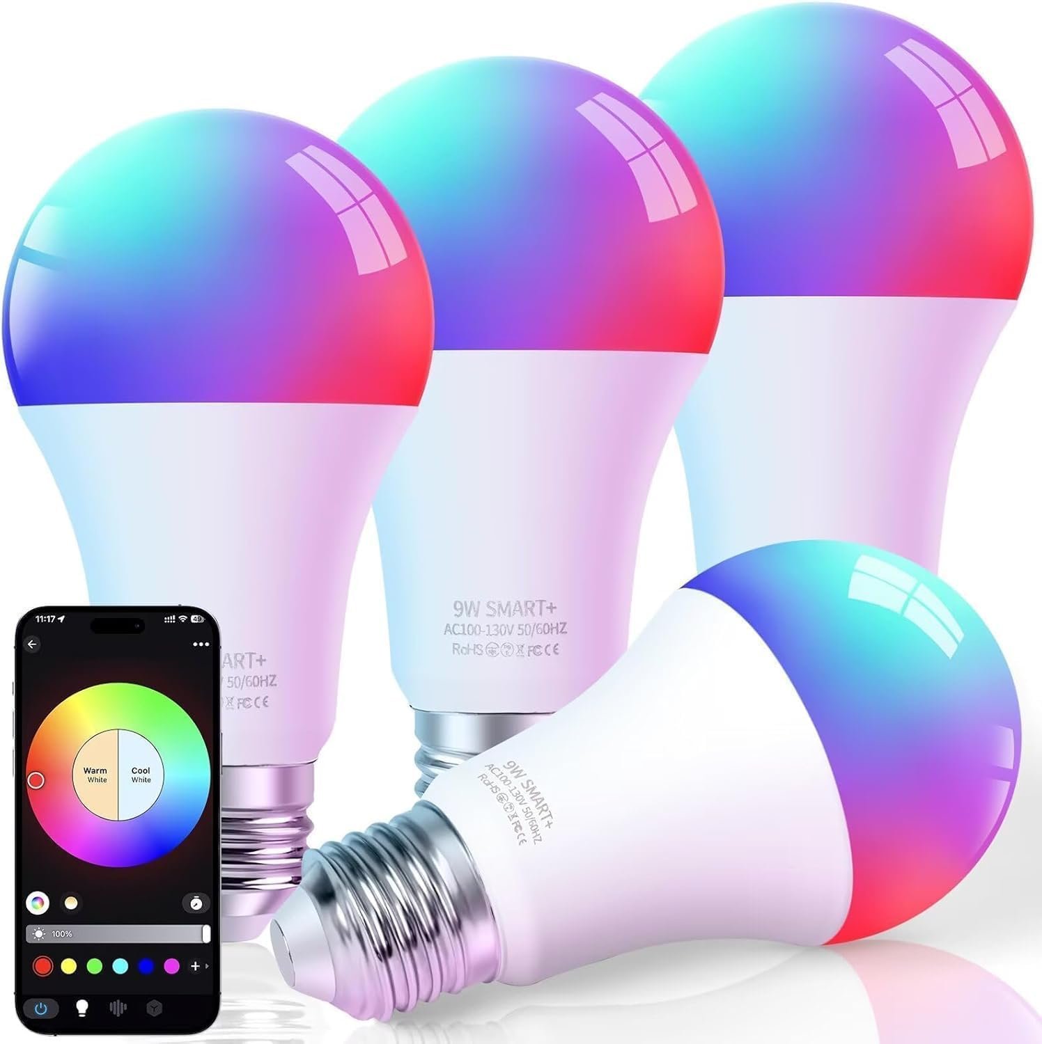 FRIDEKO HOME LED Smart Light Bulbs – Wi-Fi & Bluetooth Light Bulbs, Color Changing Light Bulb Compatible with Alexa and Google Assistant, A19 E26 RGBTW Light Bulb, 800LM (4 Pack)