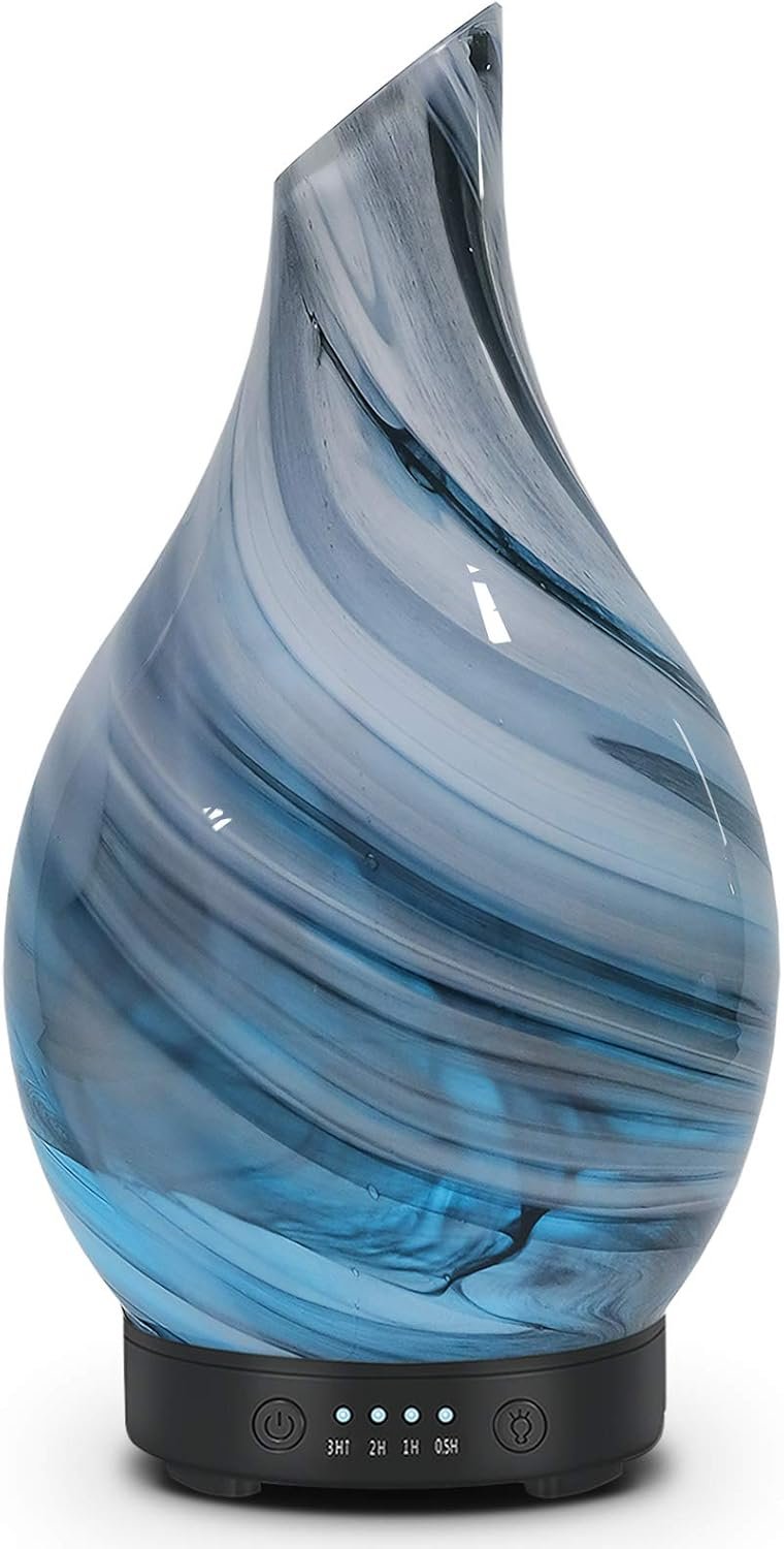 Essential Oil Diffuser Aromatherapy Diffuser – Art Glass Oil Diffuser with Auto Shut-Off Protection 4 Timer Setting 7 Colors Changed LED Night Light for Home Office Decor Gift (Grey Wave)