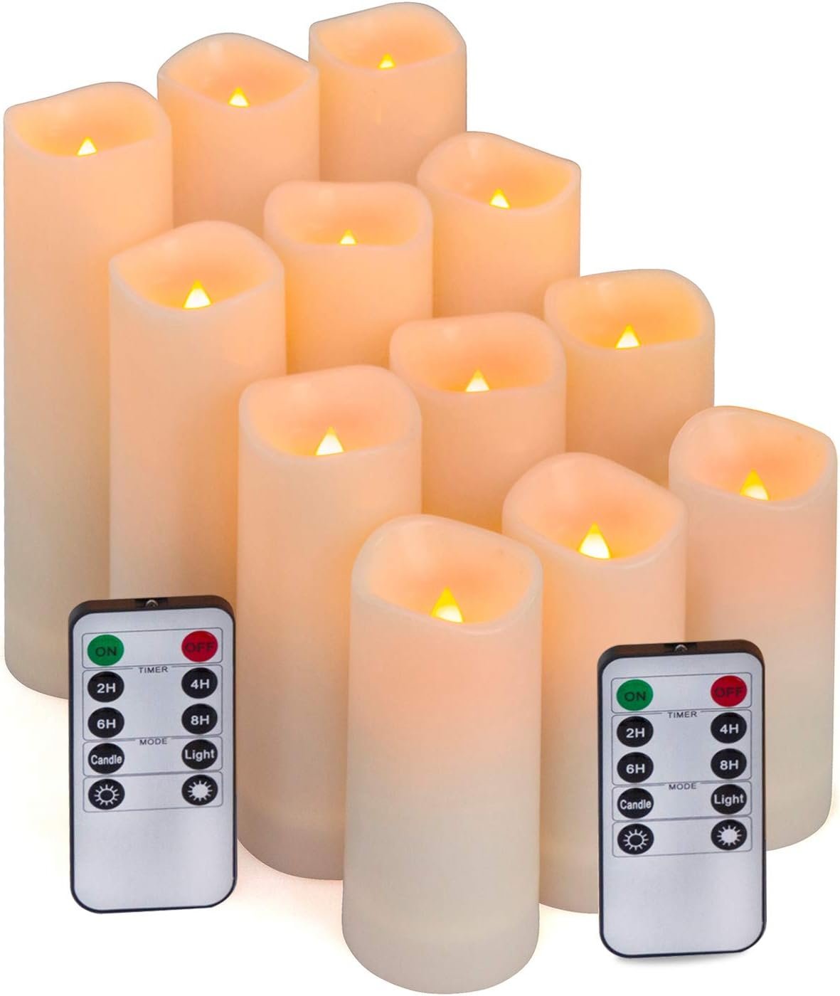 Aignis 12-Pack Waterproof Flameless Candles, 2.2″ Slim Plastic Battery Operated LED Pillar Candles with 2 Remotes & Timers, Melt-Proof Fake Electric Candles for Outdoor Patio, Wedding, Home Decor