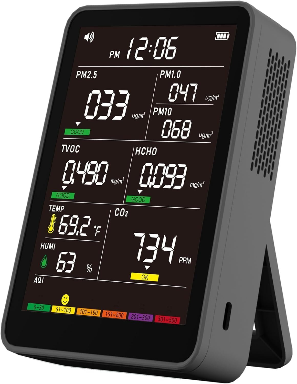 Professional Indoor Air Quality Monitor with AQI Alerts, Portable Real-Time Detector for Home, Car, Plants & Pet (Black)