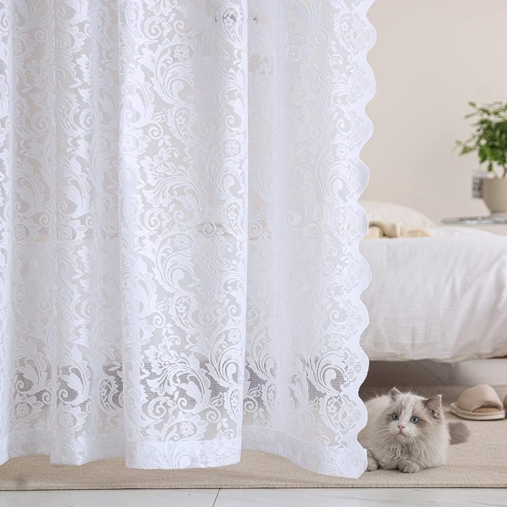 ALIGOGO White Lace Curtains 84 Inches Long – Vintage Floral Lace Sheer Curtains for Living Room 2 Panels French Privacy Scalloped Edges Rod Pocket Boho Bedroom Decor 52 W x 84 L Inch, White