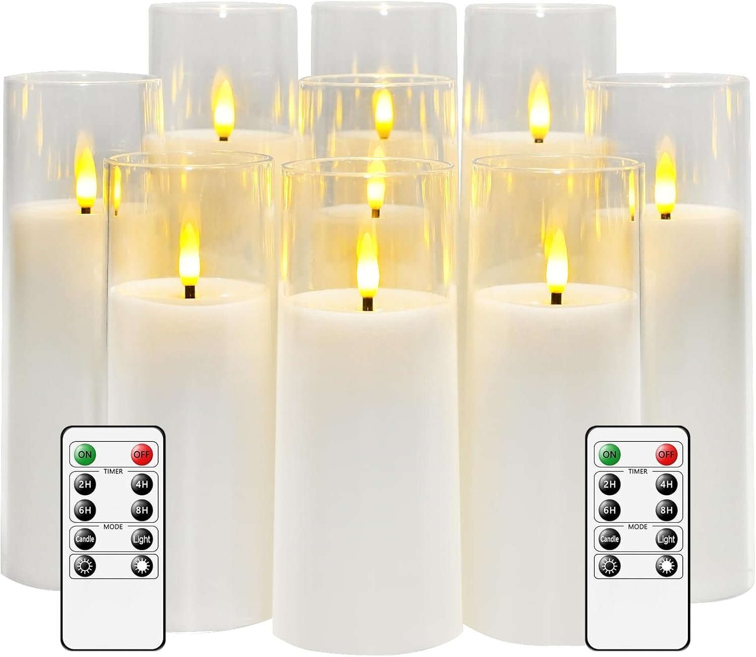 kakoya Flickering Flameless Candles Battery Operated with Remote and 2/4/6/8 H Timer Acrylic Led Pillar Candles Pack of 9 (appr D2.3″xH5.5″6.5″7.5″)with Realistic 3D Wick Candles for Home Decor(White)