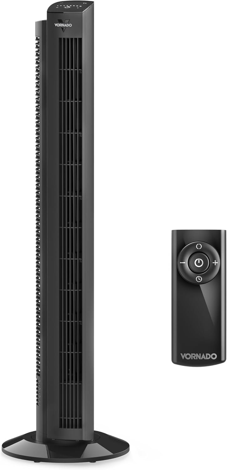 Vornado OZI42 42″ Whole Room Tower Fan, Powerful Air Circulation, Space-Saving Design, Quiet Operation, 5 Speed Settings, 1-8 Hour Timer, 70-Degree Oscillation, Remote Control, Black