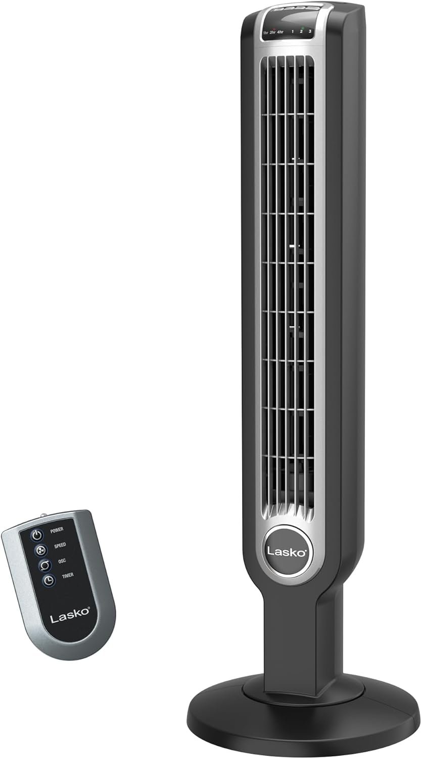 Lasko Oscillating Tower Fan with Remote Control, 3 Quiet Speeds, Timer for Bedroom, Kitchen, Office Use, Black, 36″ 2511
