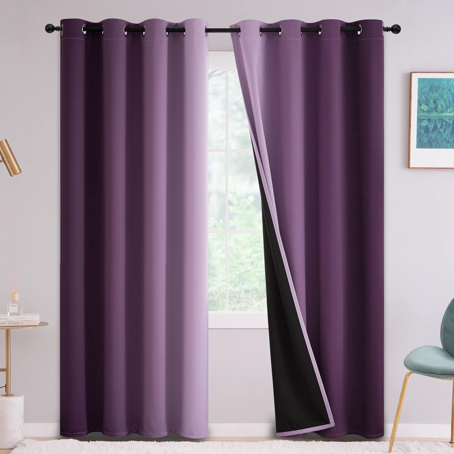 Yakamok Purple 100% Blackout Curtains for Bedroom，Ombre Room Darkening Curtains for Living Room Grommet Window Curtains 84 inches Long,Thermal Insulated Gradient Curtains & Drapes,2 Panels,52×84 inch