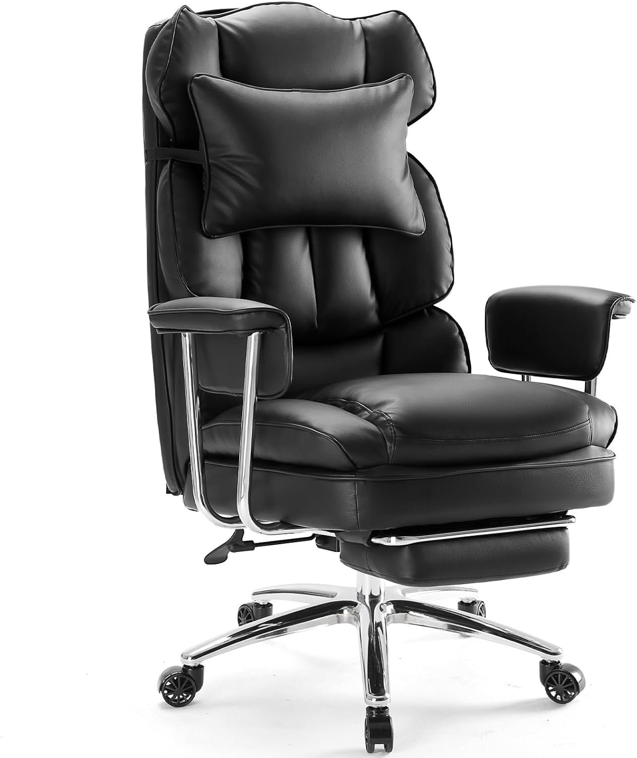 Sweetcrispy Executive Home Office Desk Chair – Ergonomic Big Tall High Back with Footrest & Lumbar Support, Reclining Height Adjustable, Comfy PU Leather Computer Gaming with Swivel Wheels, Black