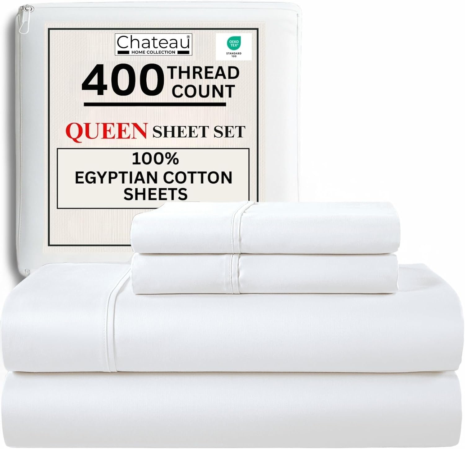 CHATEAU HOME COLLECTION Egyptian Cotton Sheets Queen Size, 400 Thread Count Deep Pocket Bed Sheet Set – Soft Cooling Sateen Weave, 15” Deep Pocket Queen Sheets, White