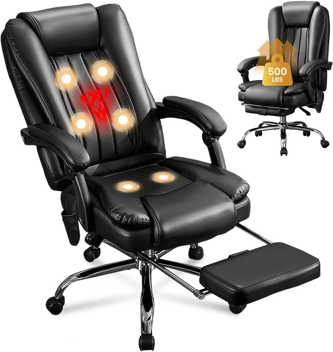 6 Points Vibration & Heat Massage Office Chair with Foot Rest,500lbs Big and Tall Office Chairs,Ergonomic Reclining Desk Chair for Home Office,Gaming