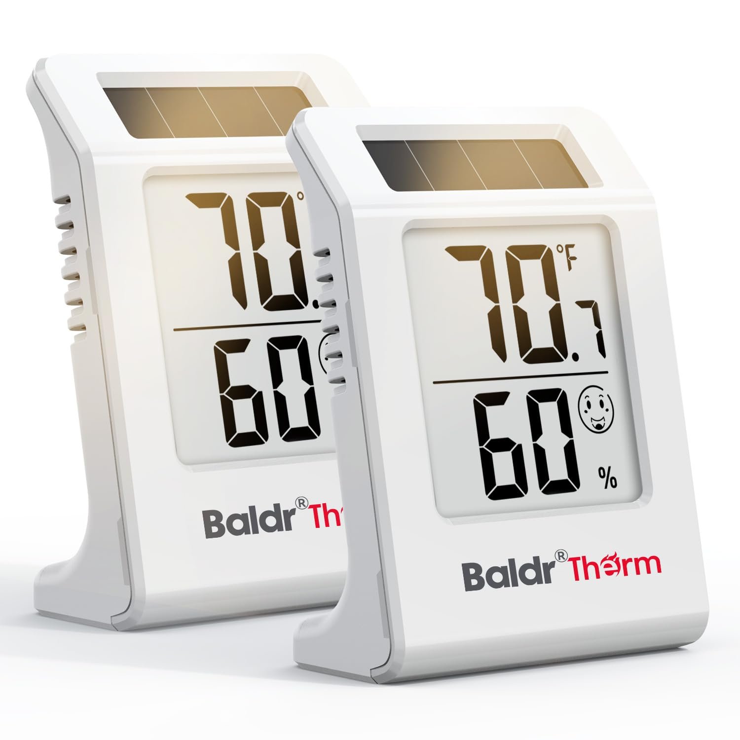 2.2” Digital Thermometer and Hygrometer Meter, Solar-Powered Indoor Temperature Sensor Humidity Monitor, Humidity Gauge for Baby Rooms, Bedrooms, Home, Office, and Wine Cellars, White, 2Pack