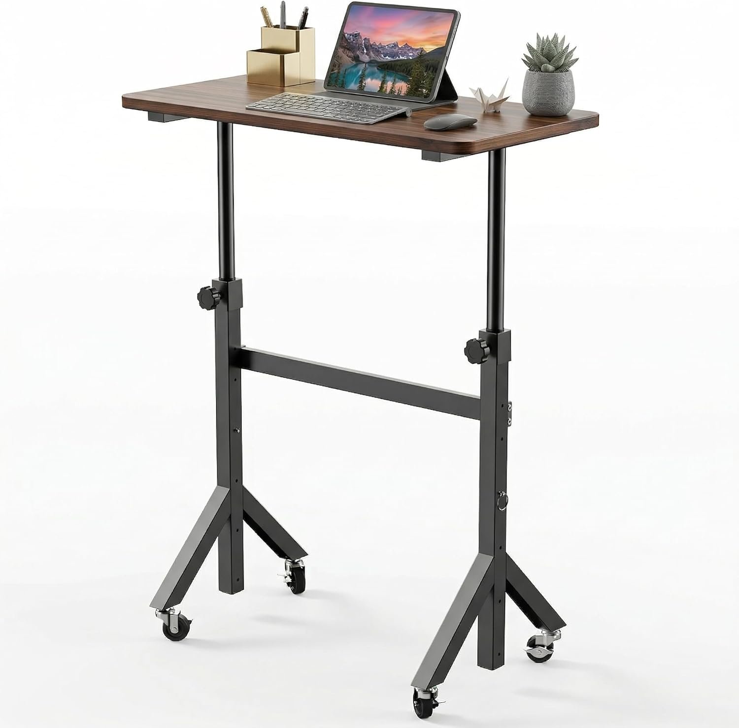 HUANUO 32” Small Standing Desk with Wheels,28.7″-46.1″ Heigh Adjustable Portable Rolling Desks,Mobile Stand Up Desk for Walking Pad and Treadmill,Sit to Stand Computer Workstation for Bedroom,Walnut