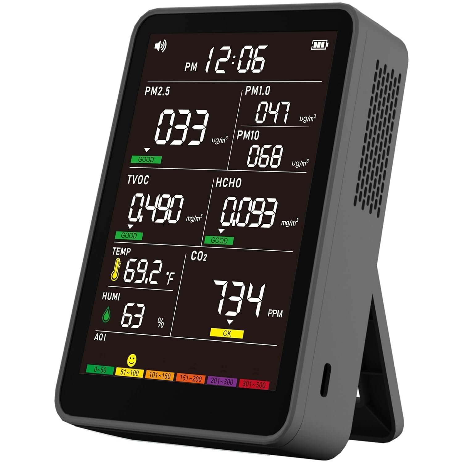 Professional Indoor Air Quality Monitor with AQI Alerts, Portable Real-Time Detector for Home, Car, Plants & Pet (Deep Black)