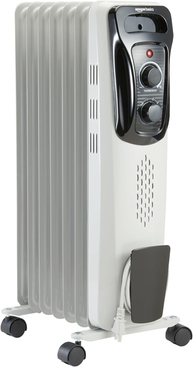 Amazon Basics Portable Oil Radiator Heater, Indoor Use, 3 Heat Settings, Over-Heat Protection, ETL-certified Safety, 7 Oil-Filled Steel Fins, 1500W, Tip-Over Protection, 11″D x 14.8″W x 25.2″H, White