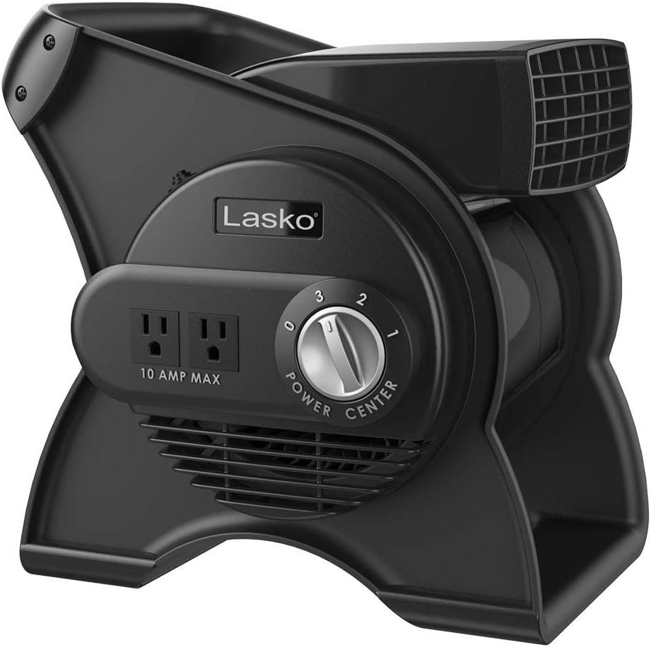 Lasko Portable Utility Fan, 12” 289 CFM Pivoting High Velocity Air Mover Blower Fan, 3 Speeds, 2 Accessory Outlets 120V, Black, U12104
