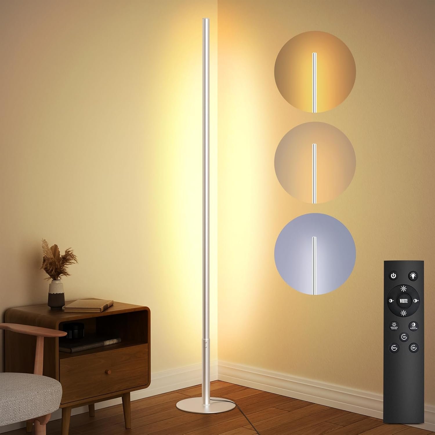LED Corner Floor Lamp for Living Room, Minimalist Light with Remote Control, Stepless Adjustable 2700k-6500k Colors & Brightness, Modern Reading Bright Light, 58″ Standing Lamp for Bedroom Home Office