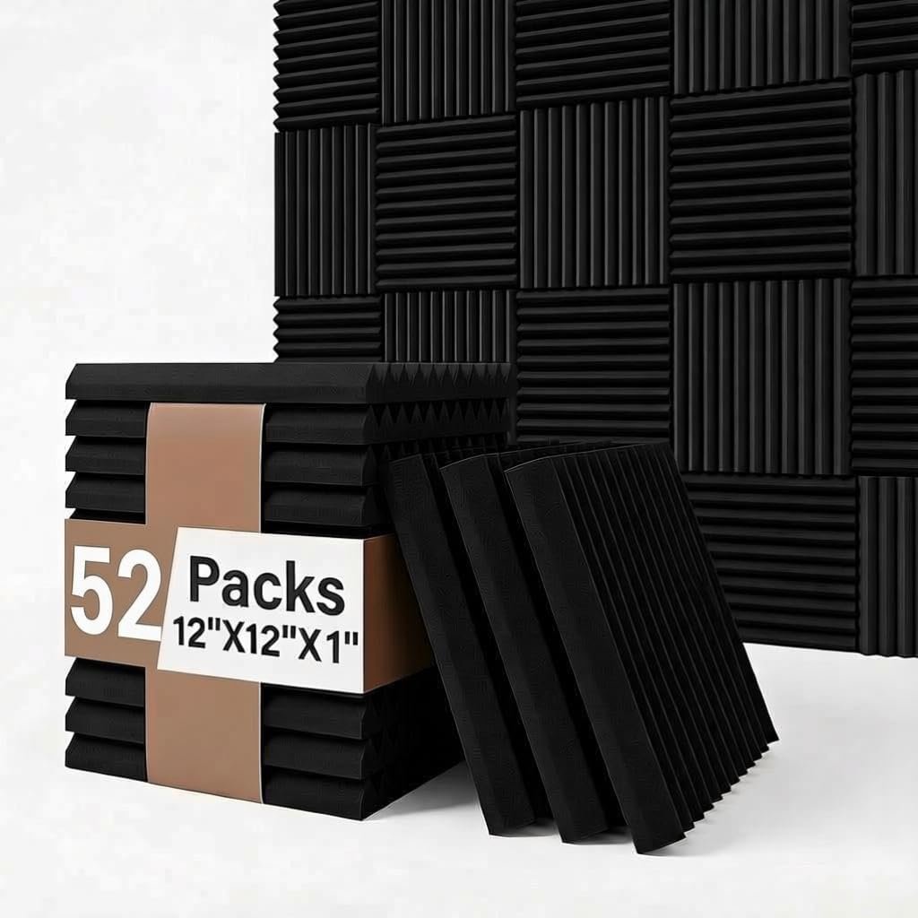 52 Pack Acoustic Foam Panel Wedge Studio Soundproofing Wall Tiles 12″ X 12″ X 1″