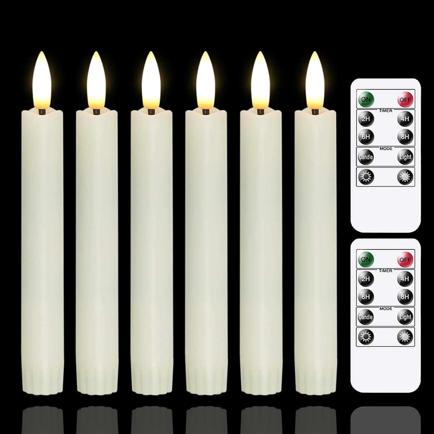 Yeelida Battery Operated Flameless Taper Candles with Two Remote Timer, 6.4″ LED 3D-Wick Window Candles, Flickering Long-Lasting Warm Light Electric Pack of 6 Flameless Candlesticks (0.78″ Dia,Ivory)